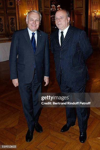 Politician Jean-Marc Ayrault and Marc Lambron attend writer Marc Lambron receives "L'Epee d'Academicien" of "Academie Francaise" on April 6, 2016 in...