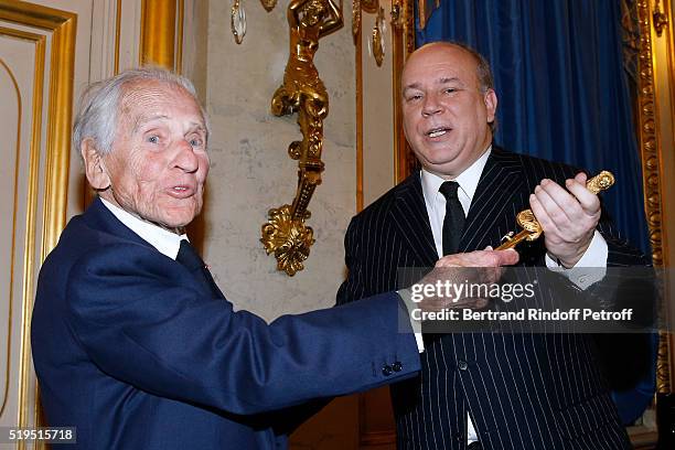 Academician Jean d'Ormesson gives the Academician Sword to Marc Lambron - Marc Lambron receives "L'Epee d'Academicien" of "Academie Francaise" on...