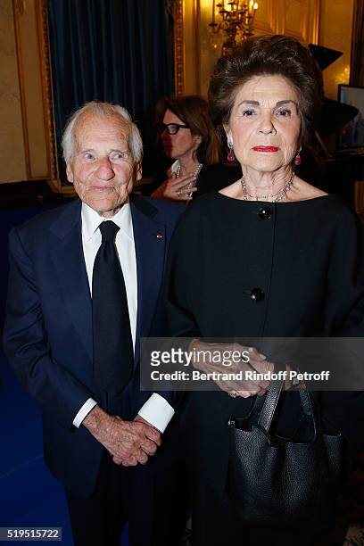 Academician Jean D'Ormesson and his wife Francoise d'Ormesson attend writer Marc Lambron receives "L'Epee d'Academicien" of "Academie Francaise" on...