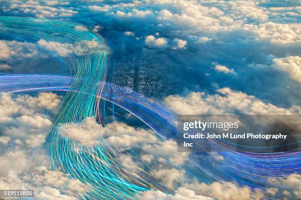fiber optic cables crossing in cloudy sky over city - cloud computing city stock pictures, royalty-free photos & images
