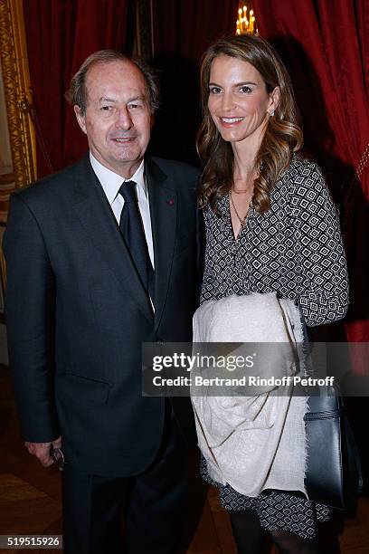 Academician Jean-Marie Rouart and Writer Felicite Herzog attend writer Marc Lambron receives "L'Epee d'Academicien" of "Academie Francaise" on April...