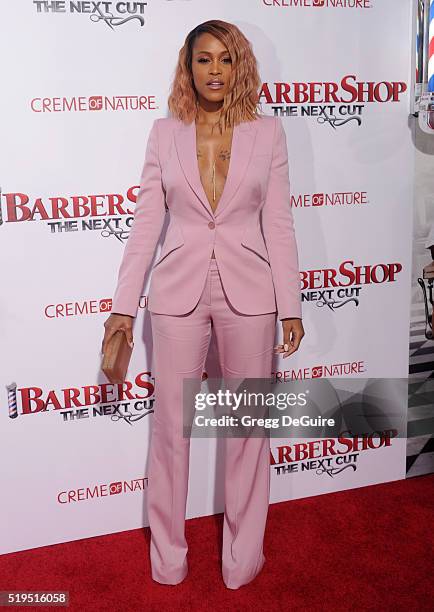 Singer Eve arrives at the premiere of New Line Cinema's "Barbershop: The Next Cut" at TCL Chinese Theatre on April 6, 2016 in Hollywood, California.