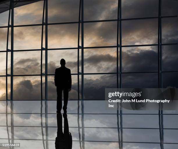 silhouette of mixed race businessman near window - bad weather on window stock pictures, royalty-free photos & images