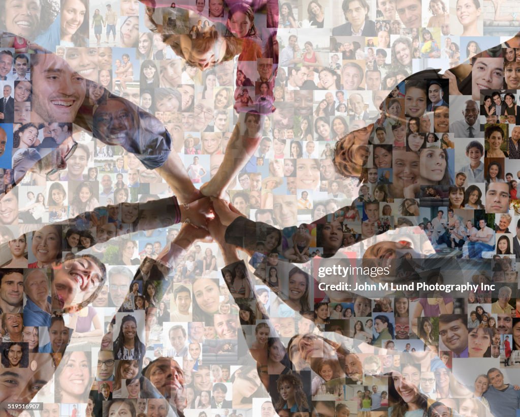Business people holding hands over montage of smiling faces