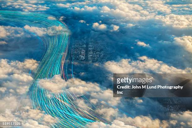 fiber optic cables in cloudy sky over city - glasfaser stock-fotos und bilder