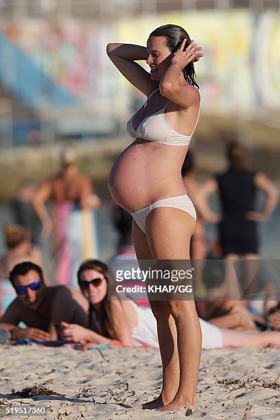 Heavily pregnant Francesca Cumani enjoys a day at the beach on April 6, 2016 in Sydney, Australia.