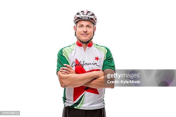 caucasian cyclist smiling - bike white background stockfoto's en -beelden