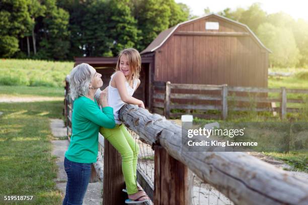 caucasian grandmother and granddaughter smiling at farm fence - michigan farm stock pictures, royalty-free photos & images