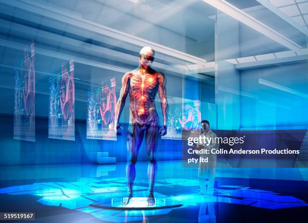 mixed race doctor examining hologram of human anatomy - melbourne school stock pictures, royalty-free photos & images