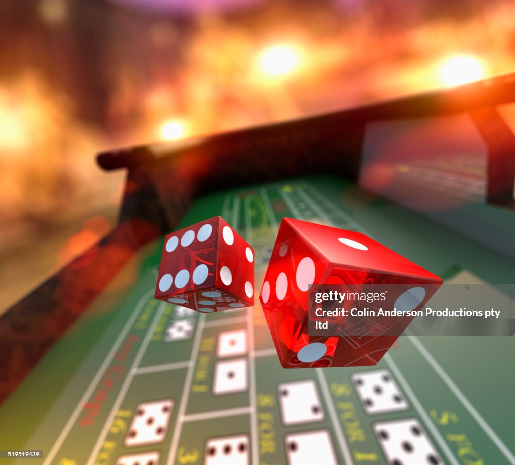Dice falling onto craps table