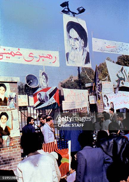Anti-American posters fasted on the wall of the U.S. Embassy compound,17 November 1979. The fanatical followers of the Ayatollah Khomeini stormed the...