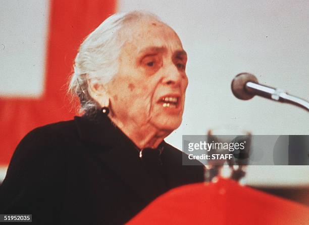 Spanish Dolores Ibarruri, known as la Pasionaria delivers a speech during a campaign meeting of general election, June 1986. She became a member of...