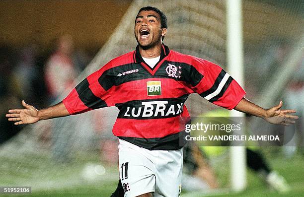 Romario of the Flamengo team of Rio de Janeiro, celebrates his fourth goal, Rio de Janeiro, Brazil, 07 October 1999. The Brazilian veteran striker,...