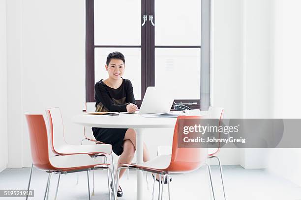 asian businesswoman using laptop in modern office - johnny stark stock pictures, royalty-free photos & images
