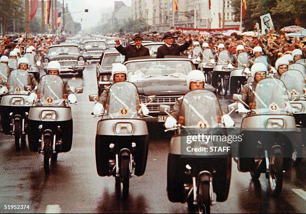 Undated photo o former Romanian communist dictator Nicolae Ceausescu waving to a crowd together with East Germany's President Erich Honecker during...