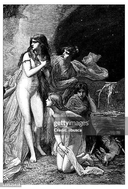antique illustration of diana surprised while bathing with her nymphs - bare corpse stock illustrations