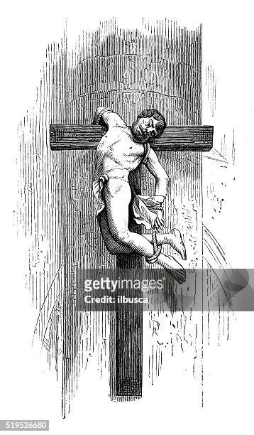 antique illustration of crucified man - of jesus being crucified stock illustrations