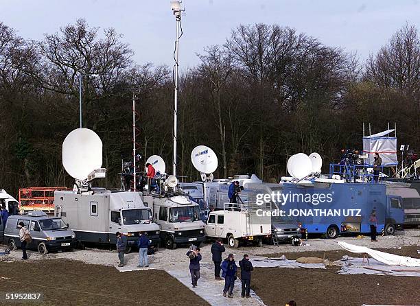 The temporary international media compound has built a position in a field beside the Stansted Airport 09 February 2000 to monitor and broadcast the...