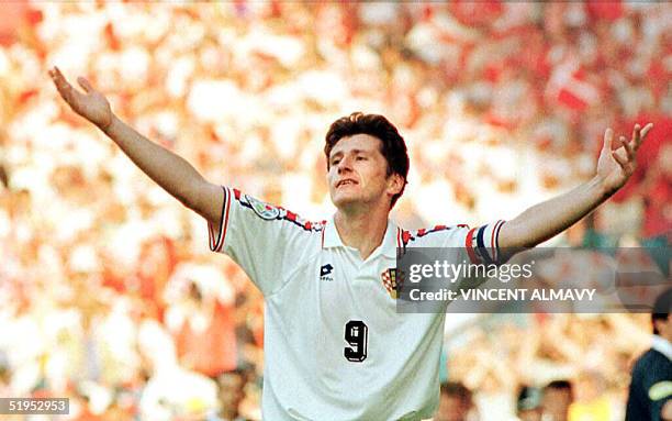 Croatian striker Davor Suker celebrates after scoring his second goal against Denmark in their group D European Nations soccer championship match in...