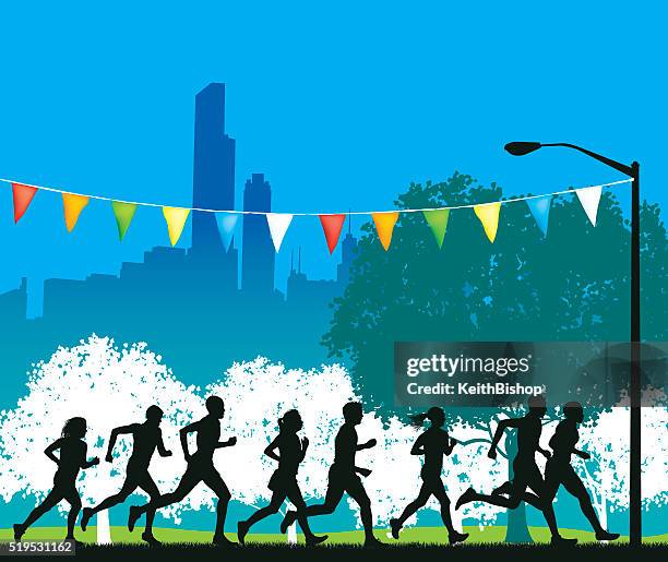 jogging club in city background, runners, fitness, orienteering - orienteering stock illustrations