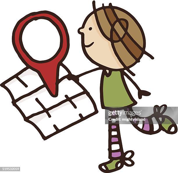 girl walking holding a blank map with a location icon - orienteering stock illustrations