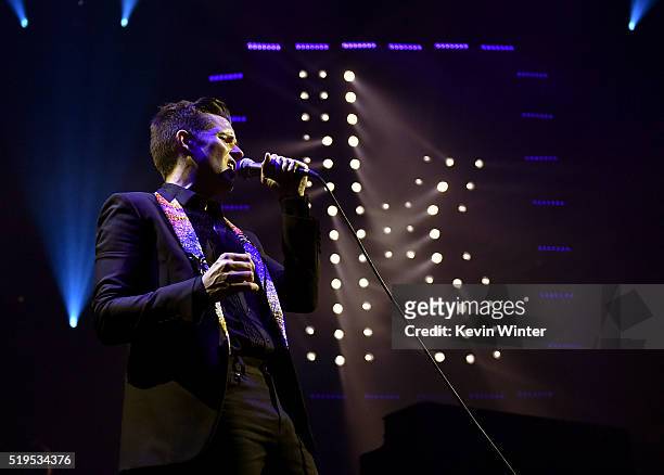 Musician Brandon Flowers of The Killers performs onstage during the grand opening of T-Mobile Arena on April 6, 2016 in Las Vegas, Nevada.