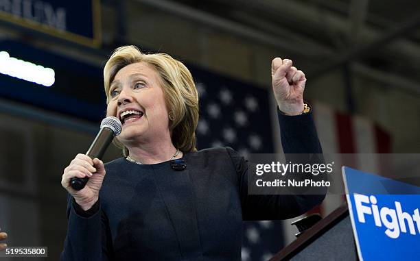 Democratic presidential candidate Hillary Clinton addresses her supporters during the Capital Region Organizing Event at Cohoes High School on April...