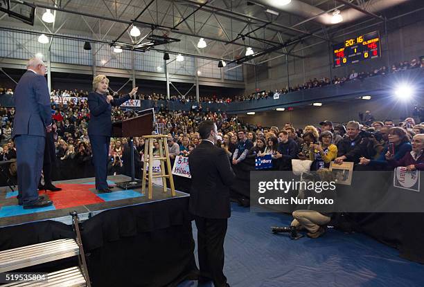 Democratic presidential candidate Hillary Clinton addresses her supporters during the Capital Region Organizing Event at Cohoes High School on April...