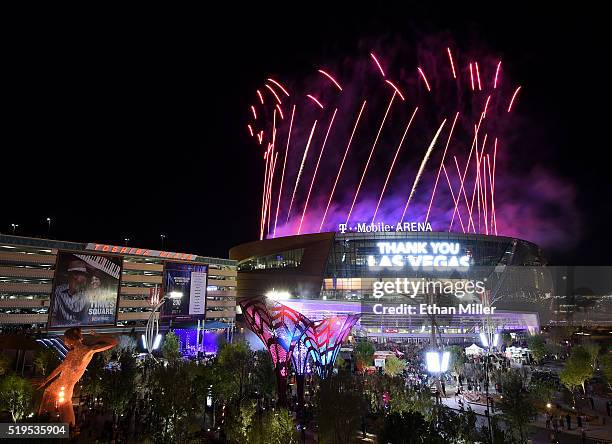 Fireworks explode over T-Mobile Arena during the venue's grand opening celebration on the Las Vegas Strip on April 6, 2016 in Las Vegas, Nevada.