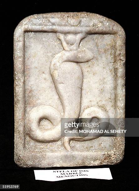 Marble stele of the goddess Isis found in the undersea remains of the ancient Egyptian city of Menouthis off the coastal town of Abu Qir, 24 kms east...