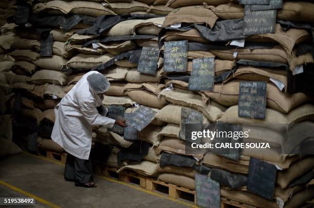 Worker checks the signs marking sacks of green, unroasted coffee beans from a conveyor belt at Dormans coffee factory in Nairobi on April 6, 2016....