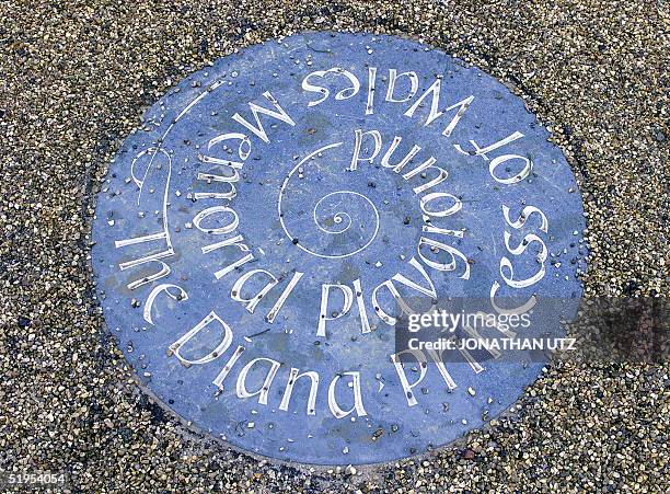 The plaque on the pathway at the Diana, Princess of Wales Memorial playground and walk which was opened on 30 June 2000 in London's Kensington...