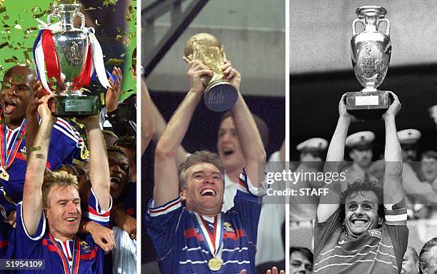 Combo of three pictures taken 02 July 2000 in Rotterdam, 12 July 1998 in Saint-Denis, north of Paris, and 27 June 1984 at the Parc des princes...