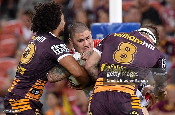 Russell Packer of the Dragons takes on the defence during the round six NRL match between the Brisbane Broncos and the St George Illawarra Dragons at...