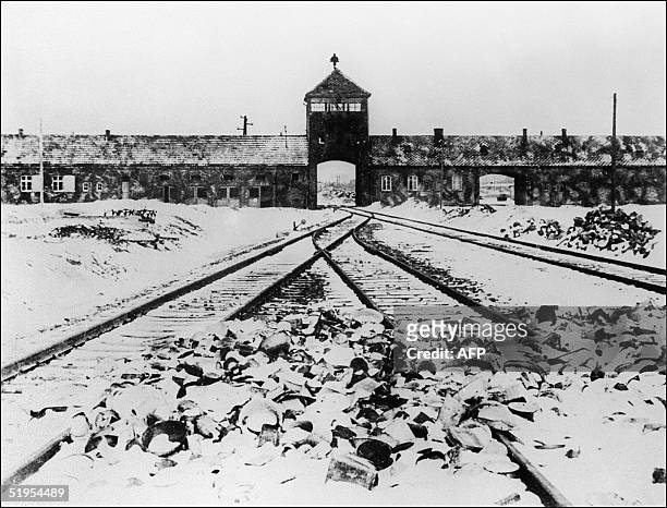 Picture taken in January 1945 depicts Auschwitz concentration camp gate and railways after its liberation by Soviet troops. // Photo prise en janvier...