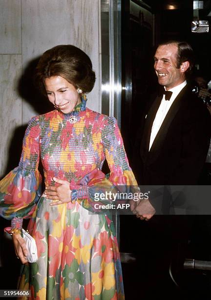 Britain's Princess Anne and her fiance Captain Mark Phillips, attend the London premiere of the film "Jesus Christ Superstar" 24 August 1973, shortly...