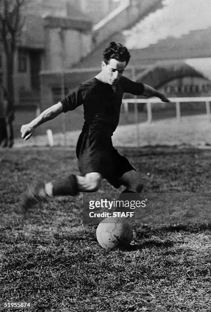 Argentinian forward Guillermo Stabile gets ready to kick the ball during a match in December 1933. Guillermo Stabile was the leading goal scorer of...