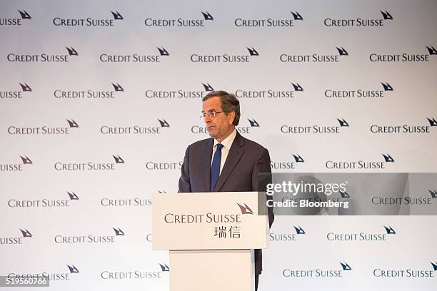 Antonis Samaras, former Greek prime minister, pauses during the Credit Suisse Asian Investment Conference in Hong Kong, China, on Thursday, April 7,...