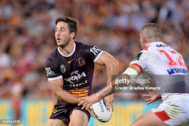 Ben Hunt of the Broncos looks to pass during the round six NRL match between the Brisbane Broncos and the St George Illawarra Dragons at Suncorp...