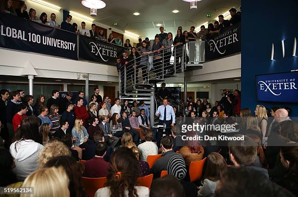 Prime Minister, David Cameron addresses students at Exeter University on April 7, 2016 in Exeter, England. The Government have announced that every...