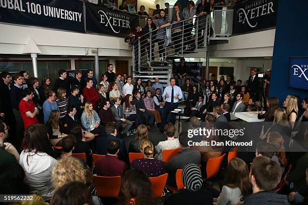 Prime Minister, David Cameron addresses students at Exeter University on April 7, 2016 in Exeter, England. The Government have announced that every...