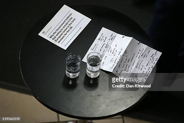 Prime Minister, David Cameron's notes are seen as he addresses students at Exeter University on April 7, 2016 in Exeter, England. The Government have...