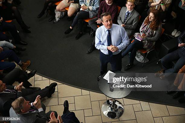 Prime Minister, David Cameron addresses students at Exeter University on April 7, 2016 in Exeter, England. The Government have announced that every...