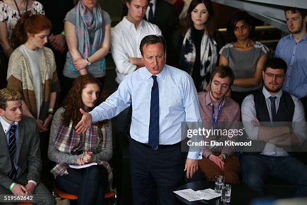 Prime Minister, David Cameron addresses students at Exeter University on April 7, 2016 in Exeter, England. The Government have announced that every...