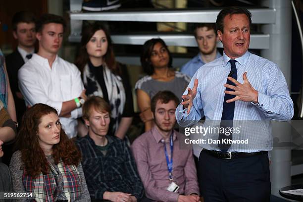 Prime Minister, David Cameron addresses students at Exeter University on April 7, 2016 in Exeter, England. The Government have announced that every...