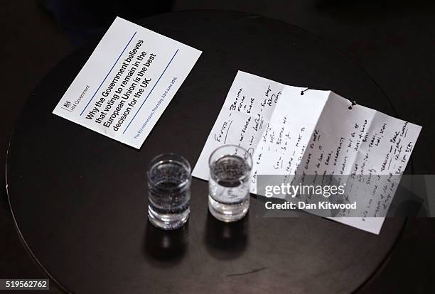 Prime Minister, David Cameron's notes are seen as he addresses students at Exeter University on April 7, 2016 in Exeter, England. The Government have...