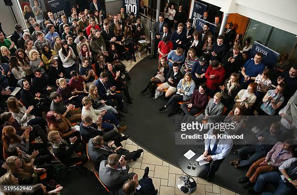 Prime Minister, David Cameron folds his notes as he addresses students at Exeter University on April 7, 2016 in Exeter, England. The Government have...