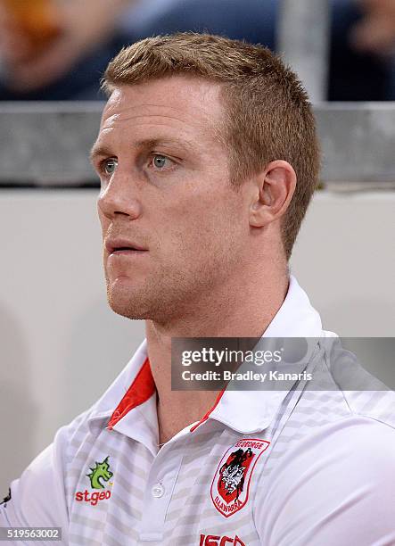 Ben Creagh of the Dragons watches on during the round six NRL match between the Brisbane Broncos and the St George Illawarra Dragons at Suncorp...