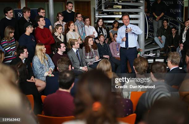 Prime Minister, David Cameron addresses students at Exeter University on April 7, 2016 in Exeter, England. The Government have announced that every...