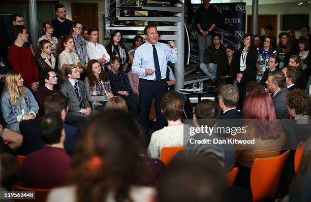 Prime Minister, David Cameron addresses students at Exeter University on April 7, 2016 in Exeter, England. The Government have announced that every...